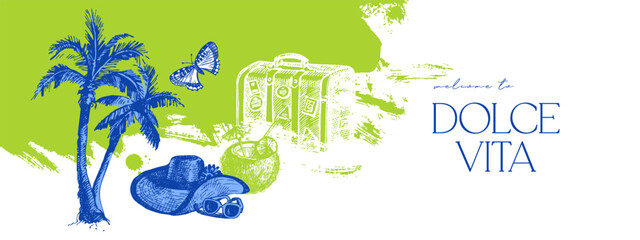 Vintage summer Italian Mediterranean coastal postage stamp set. Hand drawn vector illustration. Amalfi sketch and watercolor beach vacation design. © pim