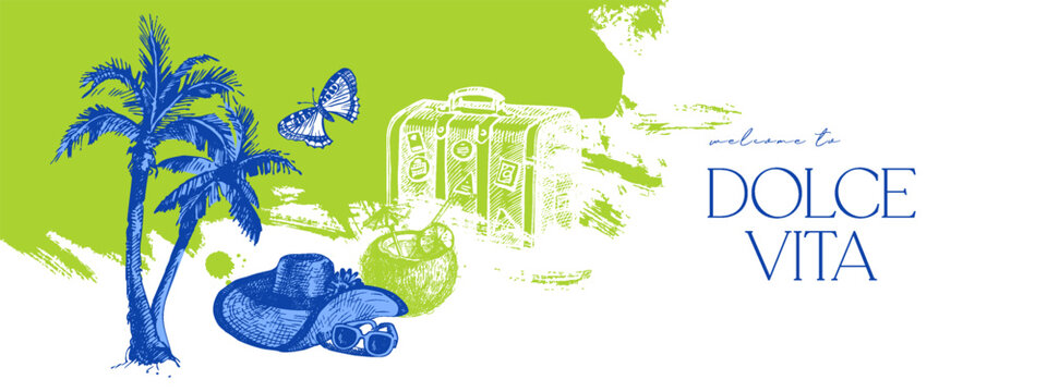 Vintage summer Italian Mediterranean coastal postage stamp set. Hand drawn vector illustration. Amalfi sketch and watercolor beach vacation design.