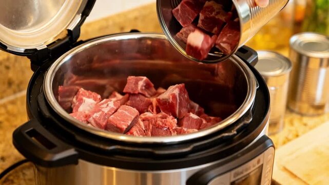 Medium shot of cubed beef being placed into a pressure canner for safe home canning highlighting the preparation process and meat quality.