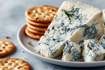 Blue Cheese Wedge with Crackers on a Plate