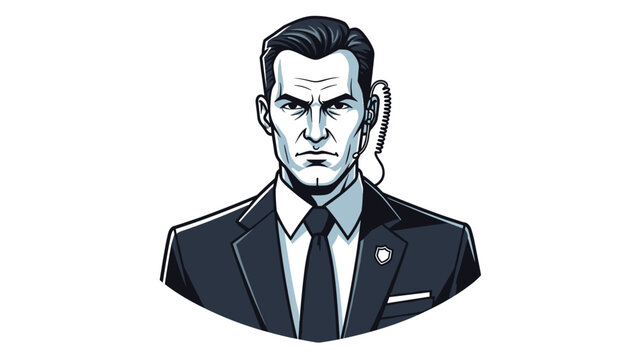 Stern-faced male security guard or secret service agent wearing a dark suit, tie, and earpiece, exuding a serious and professional demeanor.