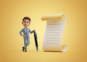 3D businessman character leaning on a giant pen next to a blank paper scroll on a yellow background.