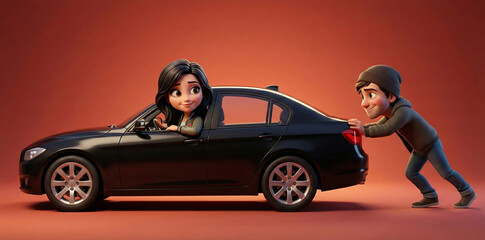 Charming 3D animation style image showing teamwork and vehicle trouble. Perfect for automotive service posters.