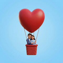 Cute 3D cartoon couple flying in a red heart balloon. Ideal for romantic event posters, wedding invitations, and love-themed digital art.