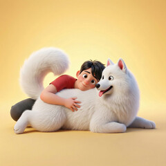 Heartwarming 3D digital illustration of a young boy and a fluffy white Samoyed dog in a loving embrace. A beautiful design for a poster celebrating friendship and canine companions.