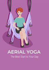 Aerial yoga poster with woman practicing hammock yoga. Modern fitness illustration for studios, wellness centers, social media and healthy lifestyle promotion.