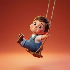Adorable 3D animated toddler boy happily riding a wooden swing against a warm orange background. Perfect for childhood and play themes.