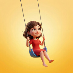 3D character illustration of a cute girl in a red dress happily swinging. Set against a vibrant yellow background with copy space for poster design and nursery wall art.