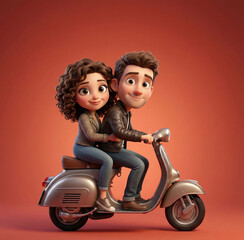 3D animation of a cute young couple riding a vintage silver scooter against a red background.