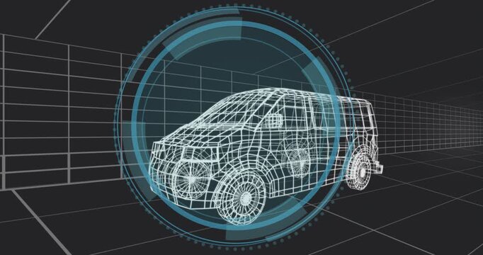 Displaying 3D wireframe SUV model inside virtual design workspace, with blue HUD overlay