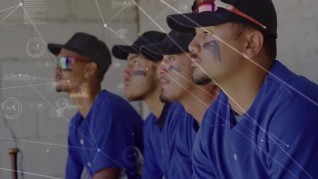 Four baseball players sitting dugout data overlays fading in showing stats pulsing with camera pan