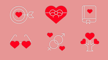 Valentine&rsquo;s Day love icons set with red hearts romantic symbols cupid arrow envelope rose coffee on pink background