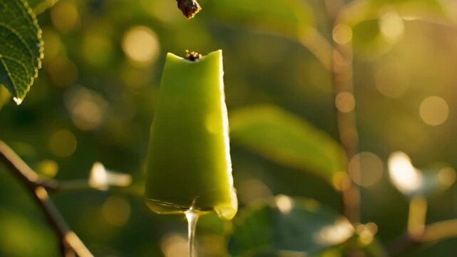 Fresh green apple bite with sunlit garden bokeh and glossy skin