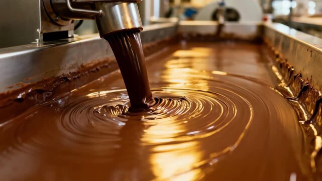 Medium shot of a long conche vessel gently smoothing chocolate in a longitudinal tank highlighting the process of refining texture and enhancing rich flavor development.