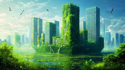 Floating Futuristic Eco-Friendly City with Renewable Energy and Integrated Green Spaces