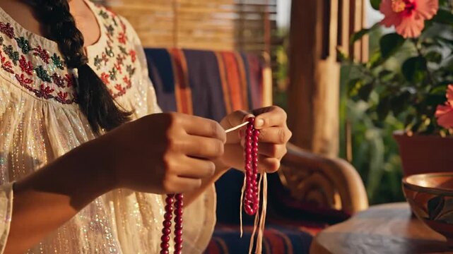 Girl weaving beads on a sunlit porch with hibiscus flowers and colorful bowls