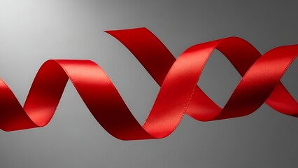 Red satin ribbon twisted on grey background