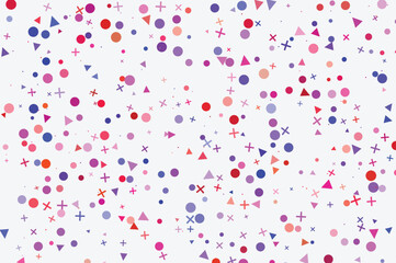 Vibrant abstract pattern of scattered small geometric shapes including circles triangles and crosses ideal for festive backgrounds or modern design