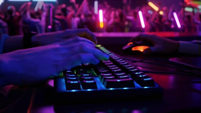 Cinematic 4K professional gamers esports tournament, intense focus, multi-angle shots, first-person POV hands typing RGB mechanical keyboard fast mouse clicks, dramatic neon LED arena lights close-ups