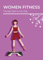 Women fitness poster with female character training on step platform. Modern flat illustration for gym ads, workout programs and healthy lifestyle promotion.