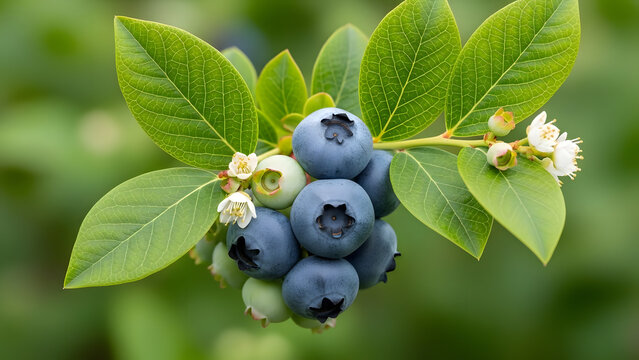 Close up of fresh blue blueberries ripening on branch with green leaves and white flowers in organic garden