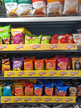 Shelves filled with bingo chips from ITC showing the various pack colors and flavors that the tobacco and FMCG player provides in the market