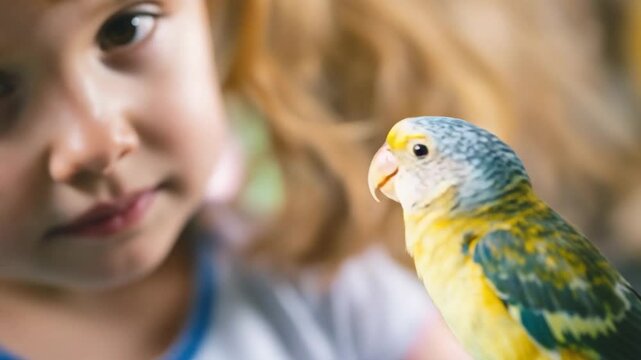 Young child tenderly feeding a colorful pet parrot with a dropper in a soft focus close up for animal care concept and childhood responsibility