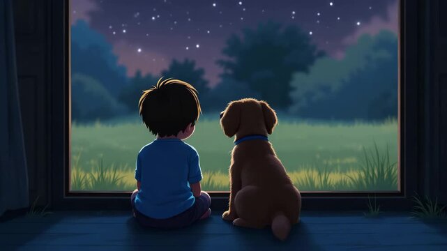 Little boy and dog sitting by window at night, looking at stars in the sky for childhood wonder concept and peaceful dreams