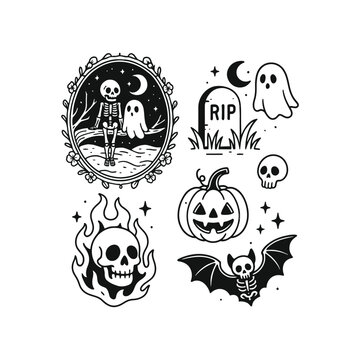 Halloween spooky sticker set with skeleton, ghost, jack o lantern pumpkin and bat