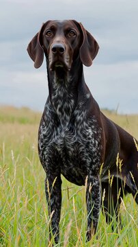 German Shorthaired Pointer standing alertly in a grassy field with a cloudy sky above