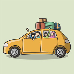 Indonesian Family Eid al-Fitr Homecoming Mudik Journey on Car Illustration