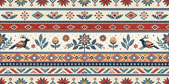 Colorful folk art pattern with deer birds and geometric ornaments in traditional Slavic style