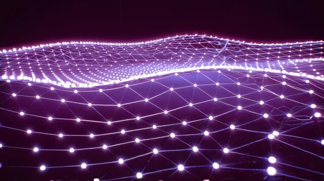 4K cinematic abstract blue digital dynamic waves flowing energy futuristic city skyline, glowing neon nodes data points, holographic charts, floating business icons, financial graphs emerging waves