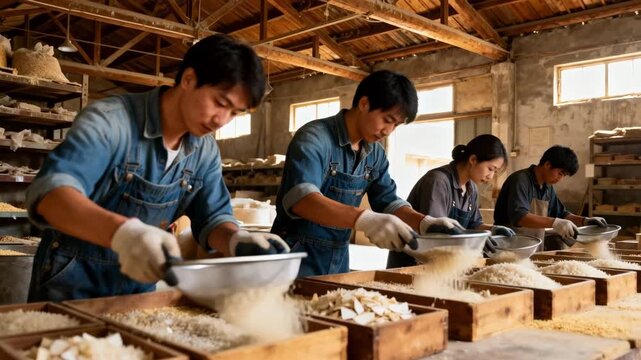 Medium shot of workers collecting broken rice from small bins showcasing careful handling and sorting in a rustic warehouse environment.