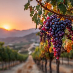 Sunset over Vineyard with Ripe Red Grapes