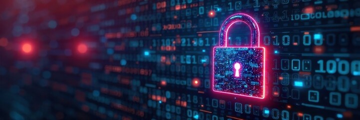 A futuristic cybersecurity concept with binary code and digital padlock, representing data protection and internet security , data, privacy