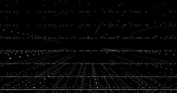An abstract three-dimensional grid of particles pulsates rhythmically, lining up in a rectangular structure. The movement of particles creates a sense of depth and dynamics of space.