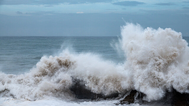 the biggest swell of the year hitting the coast near Imsouane, Morocco with +10m waves. 