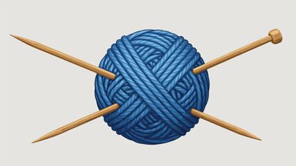 Vibrant blue ball of yarn with two wooden knitting needles crossed through it, symbolizing the cozy craft of knitting and handmade creations.