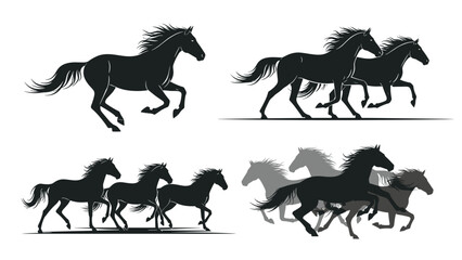 Fototapeta premium Dynamic collection of black horse silhouettes in various running and galloping poses, depicting speed, freedom, and equestrian grace.