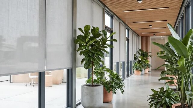 Modern bright corridor with floor to ceiling windows, roller blinds and indoor tropical plants.