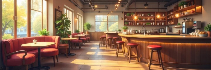 A cozy coffee shop illustration with steaming cups of coffee, pastries, and comfy seating, perfect for a warm and inviting atmosphere , warm, design