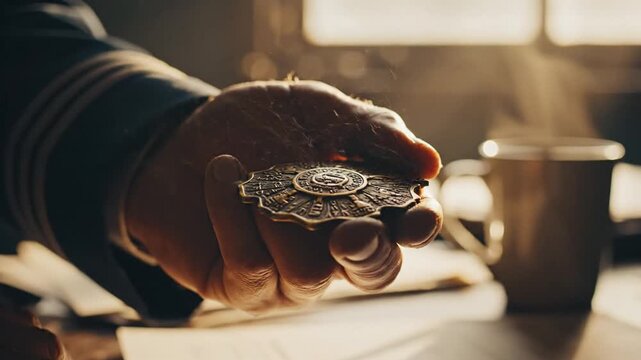 Hands arranging a pile of coins on a desk near a mug and papers in warm sunlight