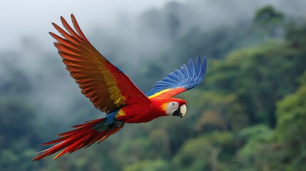 A Scarlet Macaw Parrot with Vivid Red, Yellow, and Blue Wings Soars Gracefully Through a Misty Rainforest