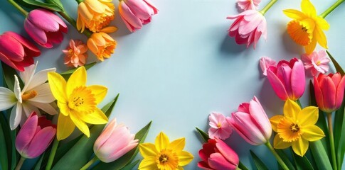 A beautiful layout of colorful spring flowers including tulips, daffodils, and cherry blossoms in a garden setting , arrangement, cherry blossoms