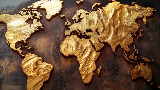 A detailed gold map of the world set against a rustic brown background.