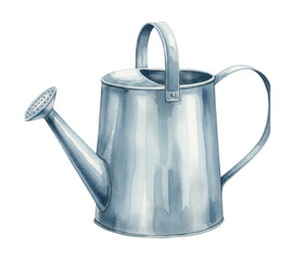 A grey metal watering can with two handles and a shower head spout isolated on a white background in a watercolor illustration style © slowbuzzstudio