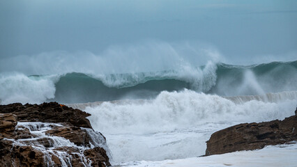 Fototapeta premium the biggest swell of the year hitting the coast near Imsouane, Morocco with +10m waves. 