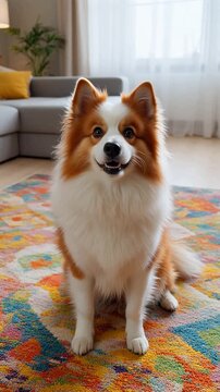 Happy fluffy dog with orange and white fur sitting on a colorful rug indoors