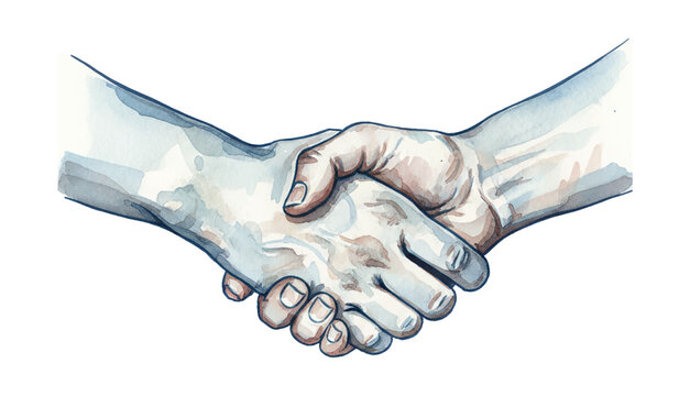 Watercolor illustration of two human hands engaged in a firm handshake expressing cooperation and agreement